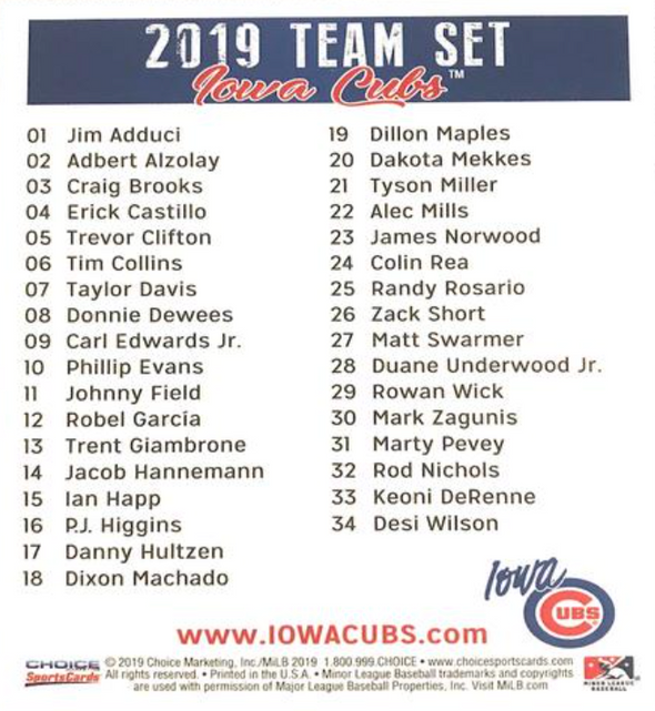 2019 Iowa Cubs Team Card Set